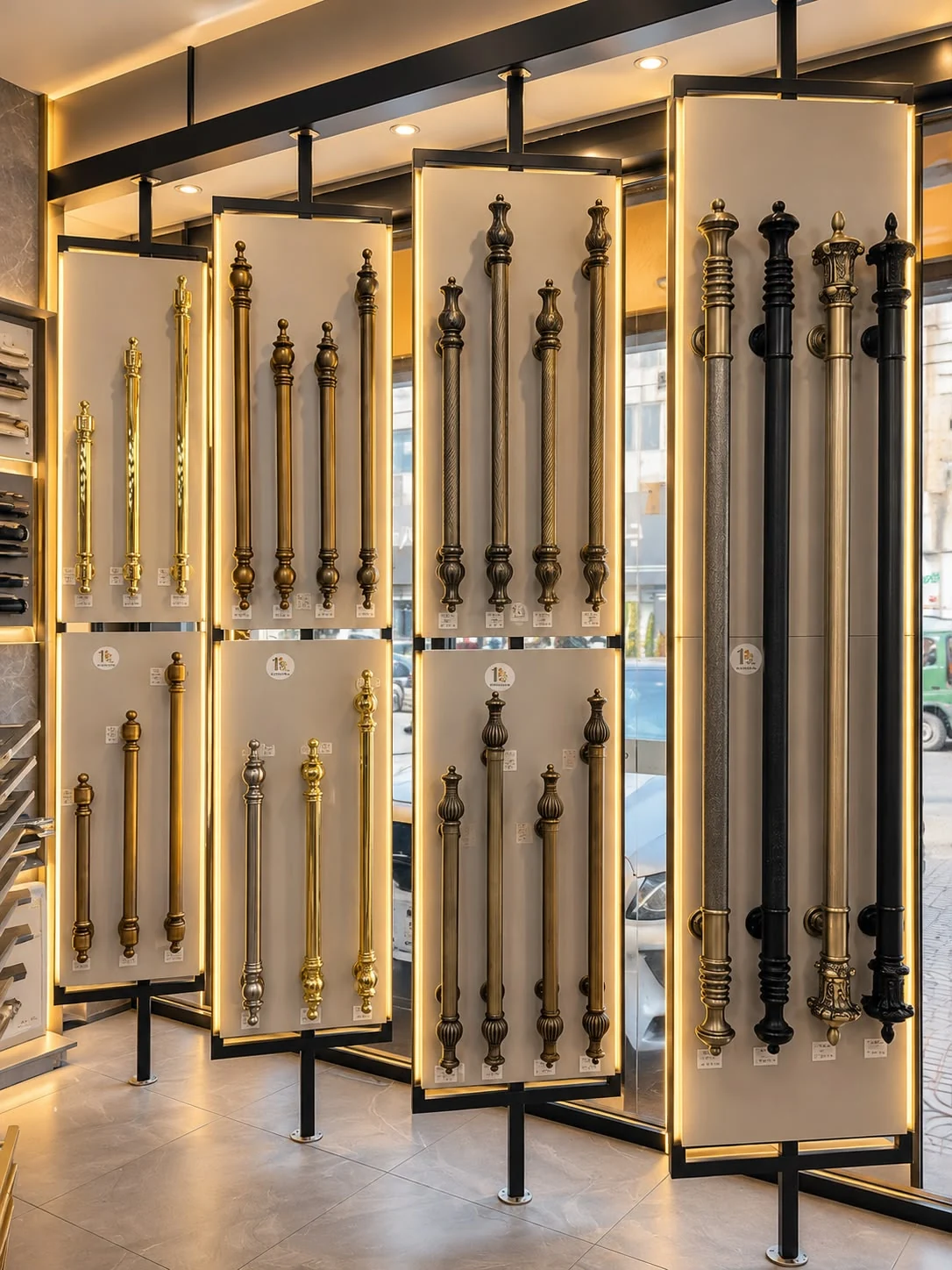 أيادي سحب أبواب بتصاميم متنوعة وتشطيبات ذهبية وسوداء في معرض شركة إبراهيم إدريس وشريكه